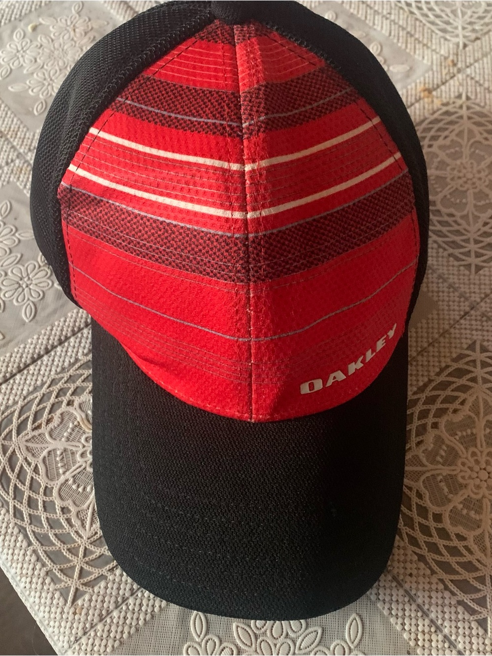 Oakley Red Striped & Black Mesh Baseball Hat
